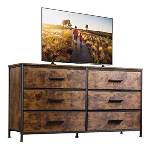 WLIVE Wide Dresser with 6 Drawers, TV Stand for 60" TV, Fabric Double Dresser, Large Storage Tower Unit, Chest of Drawers for Bedroom, Closet, Living Room, Hallway, Nursery, Rustic Brown