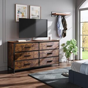 WLIVE Wide Dresser with 6 Drawers, TV Stand for 60" TV, Fabric Double Dresser, Large Storage Tower Unit, Chest of Drawers for Bedroom, Closet, Living Room, Hallway, Nursery, Rustic Brown