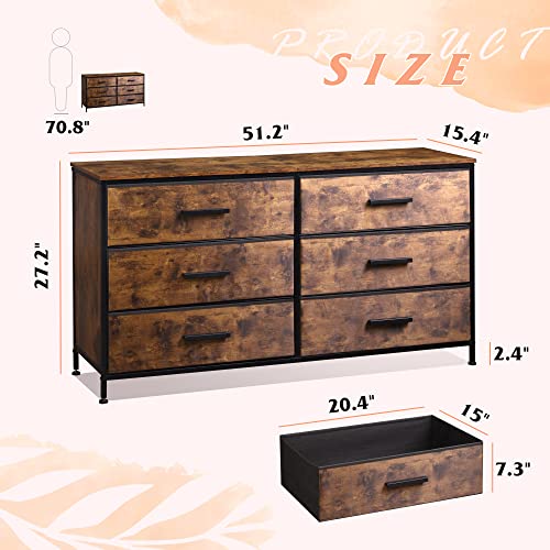 WLIVE Wide Dresser with 6 Drawers, TV Stand for 60" TV, Fabric Double Dresser, Large Storage Tower Unit, Chest of Drawers for Bedroom, Closet, Living Room, Hallway, Nursery, Rustic Brown