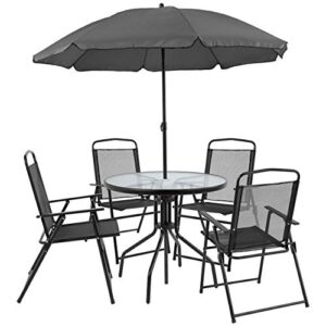 flash furniture nantucket 6 piece patio garden table set – umbrella table – set of 4 black folding chairs