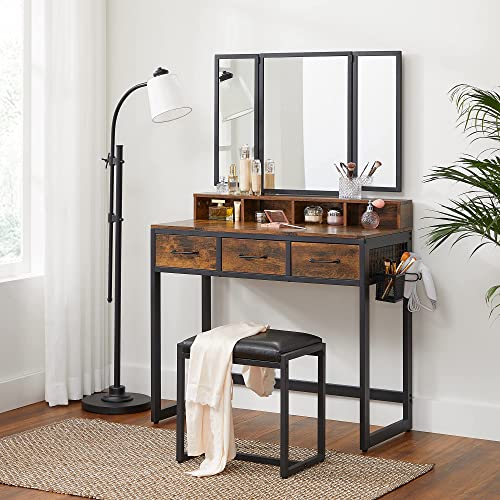 VASAGLE Vanity Table with Upholstered Stool Set, Dressing Table Desk, Makeup Table with Tri-Fold Mirror, 3 Drawers, Hair Dryer Stand, Industrial Style, Rustic Brown and Black URVT004B01