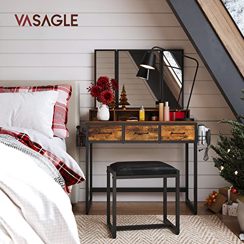 VASAGLE Vanity Table with Upholstered Stool Set, Dressing Table Desk, Makeup Table with Tri-Fold Mirror, 3 Drawers, Hair Dryer Stand, Industrial Style, Rustic Brown and Black URVT004B01