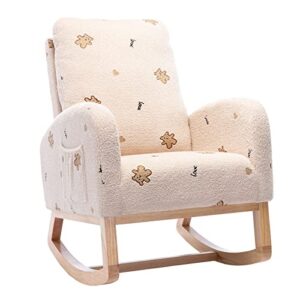setawix rocking chair for nursery, midcentury modern accent rocker armchair with side pocket, upholstered high back wooden rocking chair for living room baby room bedroom（beige bear）