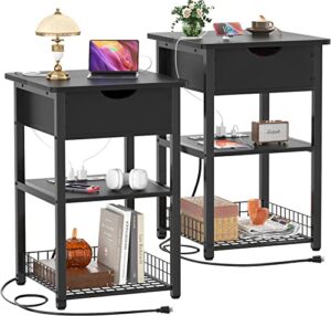 cyclysio nightstand set of 2 with charging station, end table side table with usb ports and outlets, modern flip top night stands with shelves, slim bedside sofa table for living room, bedroom, black