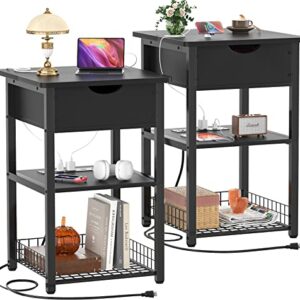 Cyclysio Nightstand Set of 2 with Charging Station, End Table Side Table with USB Ports and Outlets, Modern Flip Top Night Stands with Shelves, Slim Bedside Sofa Table for Living Room, Bedroom, Black