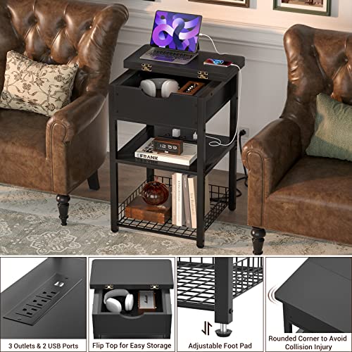 Cyclysio Nightstand Set of 2 with Charging Station, End Table Side Table with USB Ports and Outlets, Modern Flip Top Night Stands with Shelves, Slim Bedside Sofa Table for Living Room, Bedroom, Black