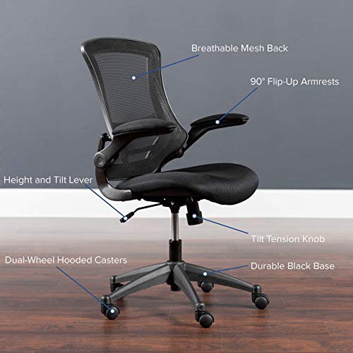 Flash Furniture Kelista Mid-Back Black Mesh Swivel Ergonomic Task Office Chair with Flip-Up Arms