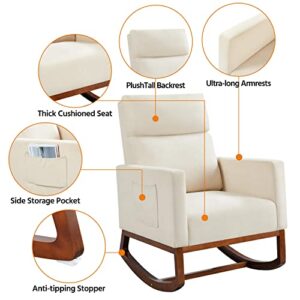 Yaheetech Rocking Chair Nursery Glider Chair with Rubber Wood Legs Side Pocket, Rocking Accent Armchair High Back for Bedroom, Beige