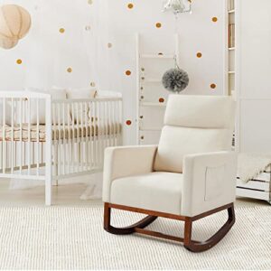 Yaheetech Rocking Chair Nursery Glider Chair with Rubber Wood Legs Side Pocket, Rocking Accent Armchair High Back for Bedroom, Beige