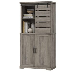 hostack tall farmhouse storage cabinet, sliding barn door kitchen cabinet with adjustable shelves, freestanding bookcase buffet cabinet for kitchen, dining room, living room, home office, ash grey