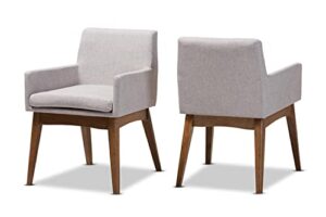 baxton studio nexus mid-century modern walnut wood finishing greyish beige fabric dining armchair