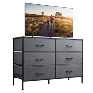 wlive wide dresser with 6 drawers, tv stand for 50″ tv, entertainment center with metal frame, wooden top, fabric storage dresser for bedroom, hallway, entryway, dark gray