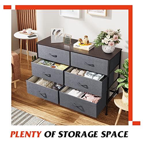 WLIVE Wide Dresser with 6 Drawers, TV Stand for 50" TV, Entertainment Center with Metal Frame, Wooden Top, Fabric Storage Dresser for Bedroom, Hallway, Entryway, Dark Gray