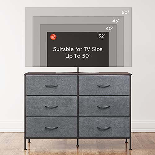 WLIVE Wide Dresser with 6 Drawers, TV Stand for 50" TV, Entertainment Center with Metal Frame, Wooden Top, Fabric Storage Dresser for Bedroom, Hallway, Entryway, Dark Gray