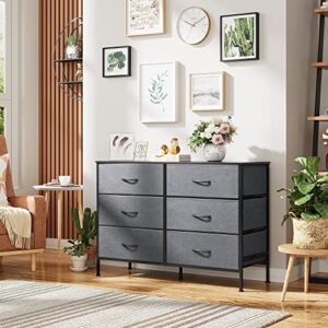 WLIVE Wide Dresser with 6 Drawers, TV Stand for 50" TV, Entertainment Center with Metal Frame, Wooden Top, Fabric Storage Dresser for Bedroom, Hallway, Entryway, Dark Gray