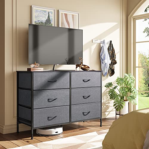 WLIVE Wide Dresser with 6 Drawers, TV Stand for 50" TV, Entertainment Center with Metal Frame, Wooden Top, Fabric Storage Dresser for Bedroom, Hallway, Entryway, Dark Gray