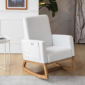 paddie rocking chair nursery, fabric rocking armchair with solid wood base/side pocket, linen fabric upholstered accent chairs for living room (white)