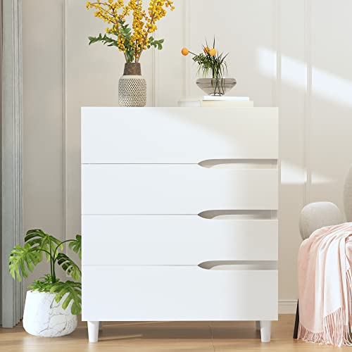 AWQM 4 White Drawer Dressers for Bedroom, Wooden Chest of 4 Drawers, Modern Wide Storage File Cabinet Unit Nightstand for Bedroom, Office, Living Room (White)