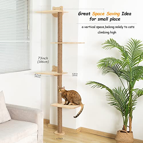 Cat Tree Wall Mounted Tall Scratching Post for Indoor Cats Climbing Tower Activity Wood Cat Wall Furniture 73 inch