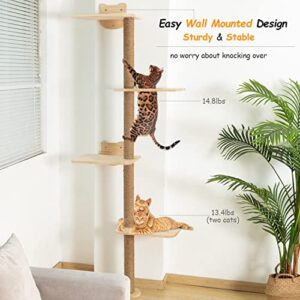 Cat Tree Wall Mounted Tall Scratching Post for Indoor Cats Climbing Tower Activity Wood Cat Wall Furniture 73 inch