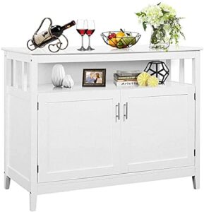 costzon kitchen sideboard storage cabinet, wooden server buffet mid century modern sideboard, free standing narrow storage cupboard with 2-level open adjustable shelf for home living room (white)