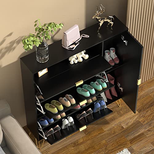 ANBUY Shoe Cabinet, Free Standing Tipping Bucket Shoes Cabinets, Shoes Storage Cabinet with 3 Flip Drawers and Storage Shelves, Narrow Shoe Rack Cabinet for Entryway, Modern Shoes Organizer