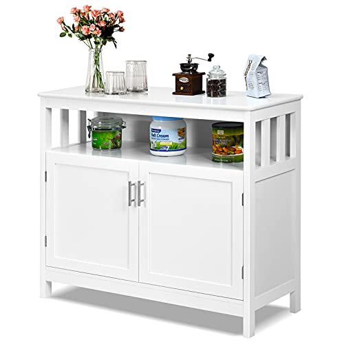 Giantex Kitchen Buffet Sideboard, Wooden Storage Server Cupboard Cabinet, Dining Room Living Room Bar Furniture 2-Door Console Table w/ 5-Position Adjustable Shelf & Open Shelf Drawer Cabinets (White)