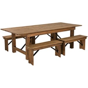 Flash Furniture HERCULES Series 8' x 40'' Antique Rustic Folding Farm Table and Four 40.25"L Bench Set