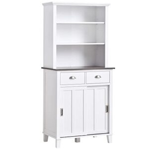 homcom 67″ freestanding buffet with hutch, kitchen pantry storage cabinet with sliding doors, drawers and open shelves, adjustable shelving, white
