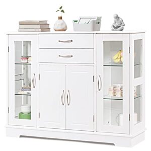 giantex sideboard buffet server storage cabinet w/ 2 drawers, 3 cabinets and glass doors for kitchen dining room furniture cupboard console table (white)