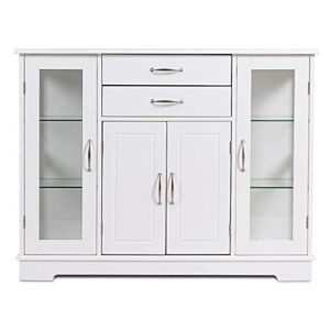 Giantex Sideboard Buffet Server Storage Cabinet W/ 2 Drawers, 3 Cabinets and Glass Doors for Kitchen Dining Room Furniture Cupboard Console Table (White)