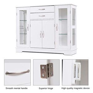 Giantex Sideboard Buffet Server Storage Cabinet W/ 2 Drawers, 3 Cabinets and Glass Doors for Kitchen Dining Room Furniture Cupboard Console Table (White)