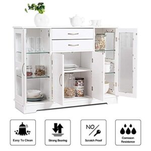 Giantex Sideboard Buffet Server Storage Cabinet W/ 2 Drawers, 3 Cabinets and Glass Doors for Kitchen Dining Room Furniture Cupboard Console Table (White)