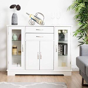 Giantex Sideboard Buffet Server Storage Cabinet W/ 2 Drawers, 3 Cabinets and Glass Doors for Kitchen Dining Room Furniture Cupboard Console Table (White)