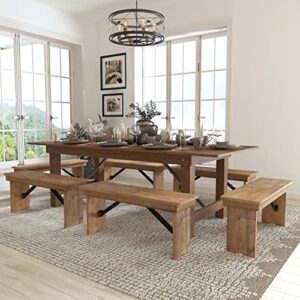 flash furniture hercules series 8′ x 40” antique rustic folding farm table and six bench set