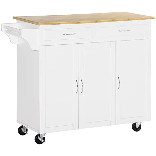 HOMCOM Rolling Kitchen Island Cart on Wheels with Large Bamboo Countertop, 2 Cabinets with Drawers, Adjustable Shelves, White