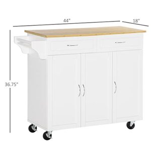 HOMCOM Rolling Kitchen Island Cart on Wheels with Large Bamboo Countertop, 2 Cabinets with Drawers, Adjustable Shelves, White