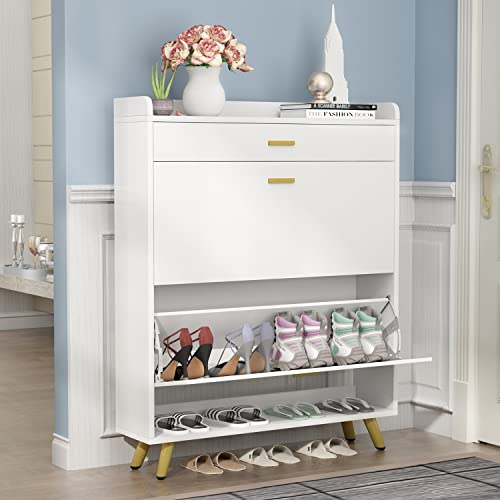 PAKASEPT Narrow Shoe Storage Cabinet,18-24 Pair Free Standing Tipping Bucket Shoe Rack Organizer with Drawers for Entryway,Bedroom,Hallway,White