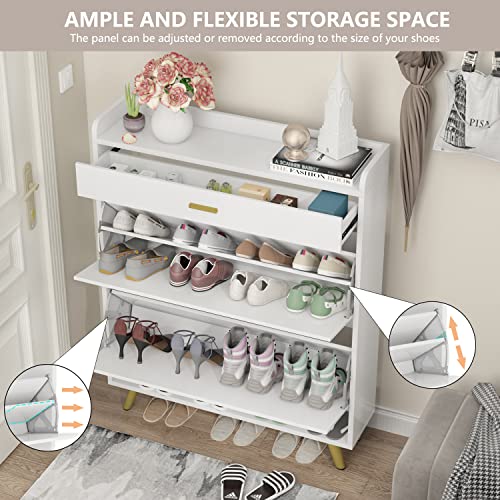 PAKASEPT Narrow Shoe Storage Cabinet,18-24 Pair Free Standing Tipping Bucket Shoe Rack Organizer with Drawers for Entryway,Bedroom,Hallway,White