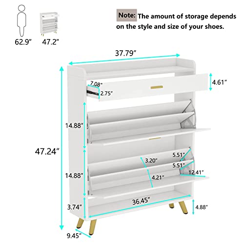 PAKASEPT Narrow Shoe Storage Cabinet,18-24 Pair Free Standing Tipping Bucket Shoe Rack Organizer with Drawers for Entryway,Bedroom,Hallway,White