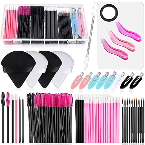 Disposable Makeup Applicators Accessories Kit with Makeup Mixing Tray Triangle Puff Makeup Artist Supplies with Mascara Wands, Lip Brushes, Hair Clips Makeup Puffs for Face with Storage Box