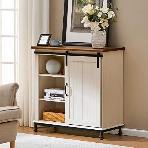 WAMPAT Storage Cabinet with Sliding Barn Door,Decorative Farmhouse Buffet Cabinet Coffee Bar Cabinet Accent Cabinet Entryway Storage Table for Living Room,Bathroom and Kitchen,Metal Feet,35 Inch,White