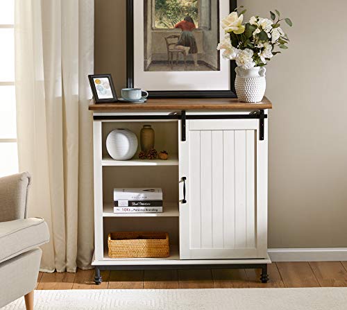 WAMPAT Storage Cabinet with Sliding Barn Door,Decorative Farmhouse Buffet Cabinet Coffee Bar Cabinet Accent Cabinet Entryway Storage Table for Living Room,Bathroom and Kitchen,Metal Feet,35 Inch,White