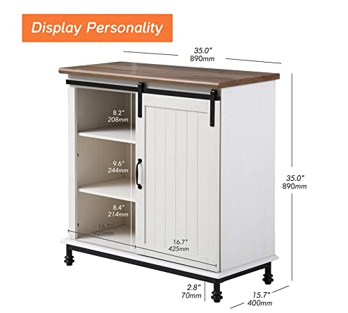 WAMPAT Storage Cabinet with Sliding Barn Door,Decorative Farmhouse Buffet Cabinet Coffee Bar Cabinet Accent Cabinet Entryway Storage Table for Living Room,Bathroom and Kitchen,Metal Feet,35 Inch,White