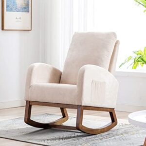 Antetek Modern Accent Rocking Chair, Upholstered Nursery Glider Rocker for Baby and Kids, Comfy Armchair with Side Pocket, Living Room Lounge Arm Chair with High Backrest (Beige)