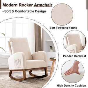Antetek Modern Accent Rocking Chair, Upholstered Nursery Glider Rocker for Baby and Kids, Comfy Armchair with Side Pocket, Living Room Lounge Arm Chair with High Backrest (Beige)