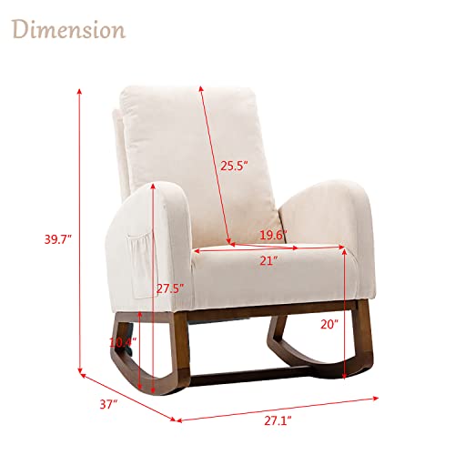 Antetek Modern Accent Rocking Chair, Upholstered Nursery Glider Rocker for Baby and Kids, Comfy Armchair with Side Pocket, Living Room Lounge Arm Chair with High Backrest (Beige)