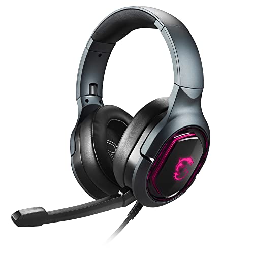 MSI IMMERSE GH50 Gaming Headset - 7.1 Virtual Surround Sound Headphones, Vibration Feedback, 40mm Neodymium Drivers, Laptop, RGB Lighting, Detachable Mic, Inline Controls, USB 2.0 Connector - Wired