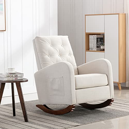 Rocking Chair Modern,Upholstered Glider Rocker Chair for Nursery,Comfy Armchair with Side Pocket for Living Room (White)