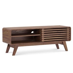 mopio ensley mid-century modern tv stand 46″ with rounded edges and slatted door design